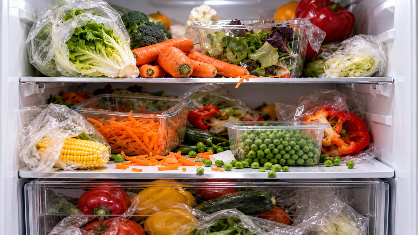 Alimentos desordenados y mal tapados en la nevera antes de usar bolsas herméticas
