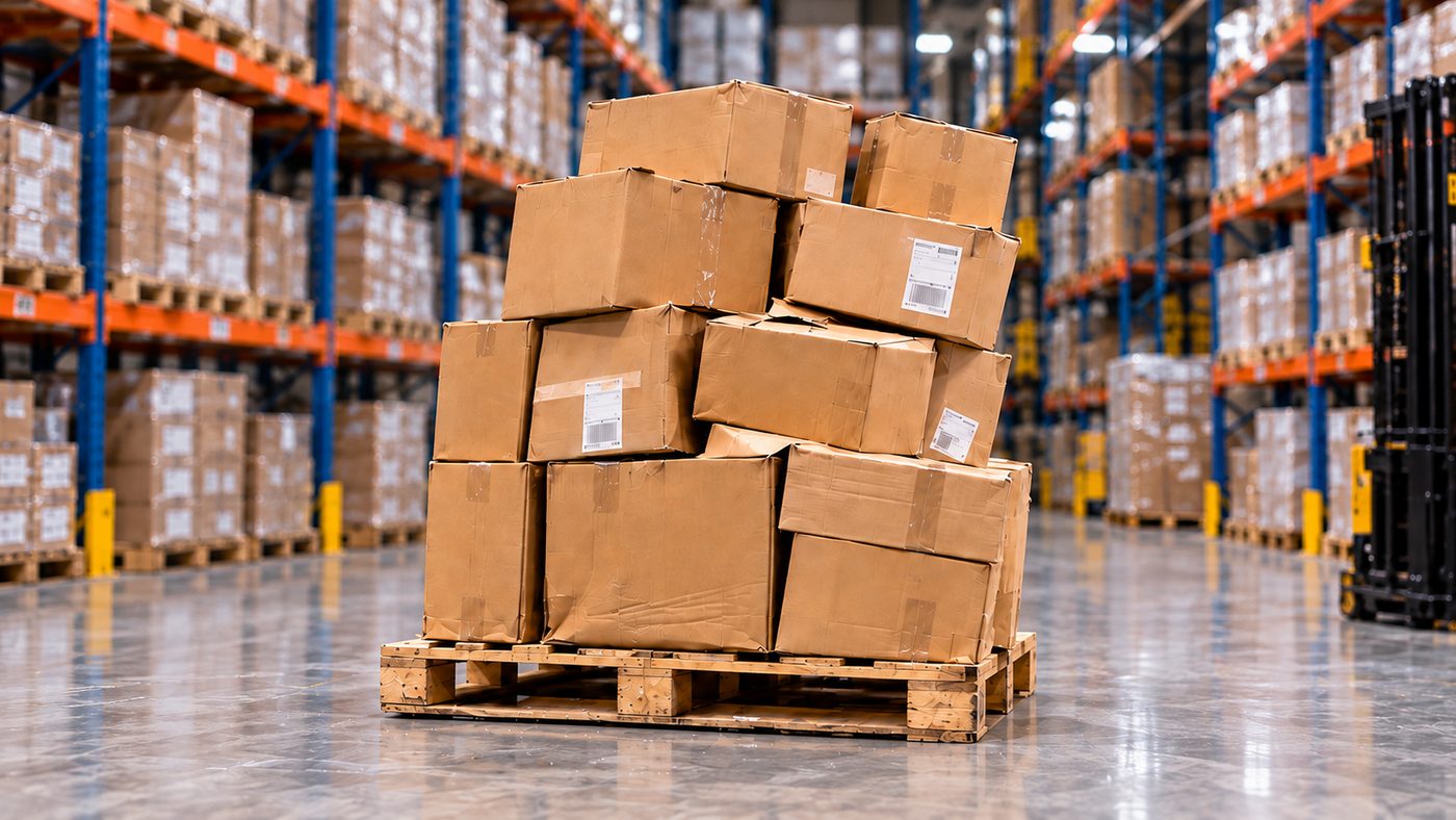 Cajas sueltas y desalineadas sobre una estiba antes de aplicar stretch film industrial