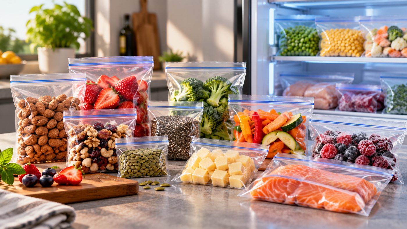 Alimentos porcionados en bolsas plásticas con cierre hermético organizados en la nevera