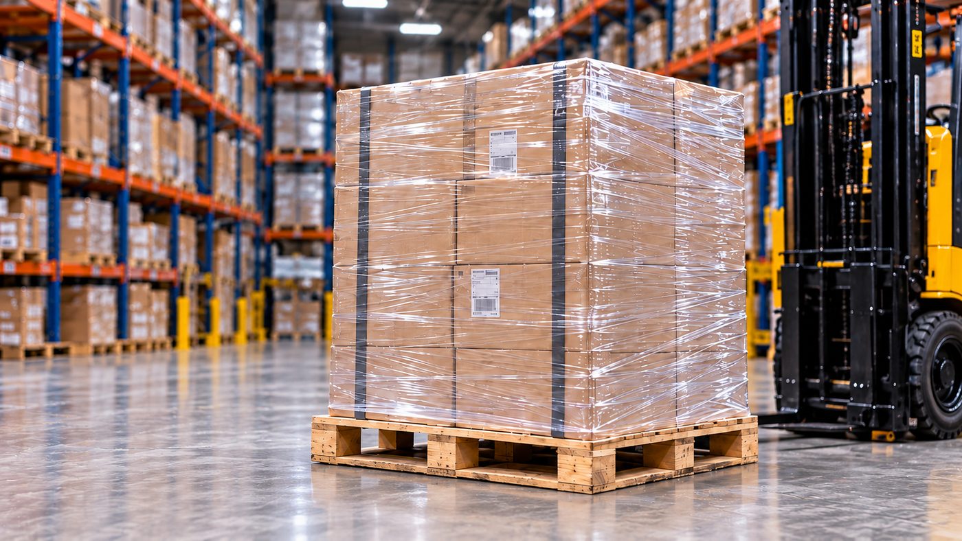 Estiba envuelta con stretch film industrial transparente lista para almacenar
